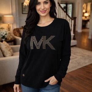 Michael Kors Black MK Studded Logo Long Sleeve Top Gold Stud Accent